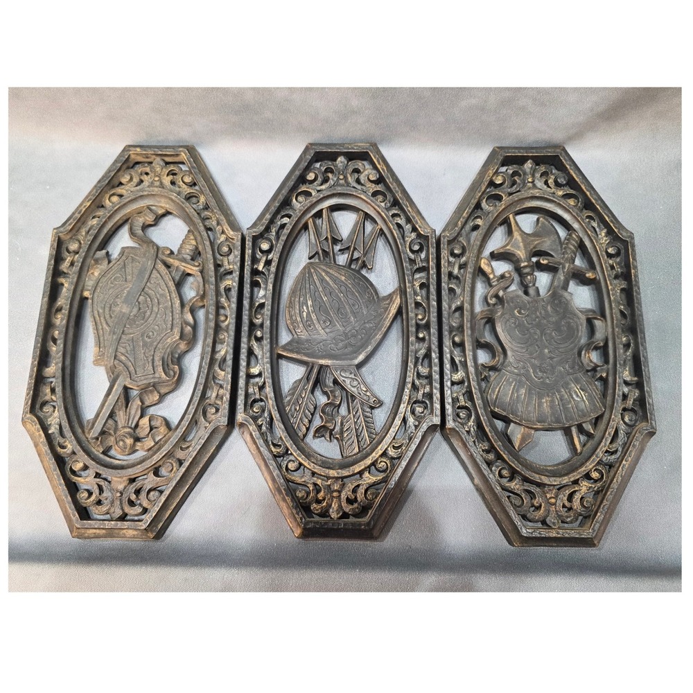 Vintage Medieval Knight Wall Art Set 3 Resin Plaques Armor Shield Helmet Bronze